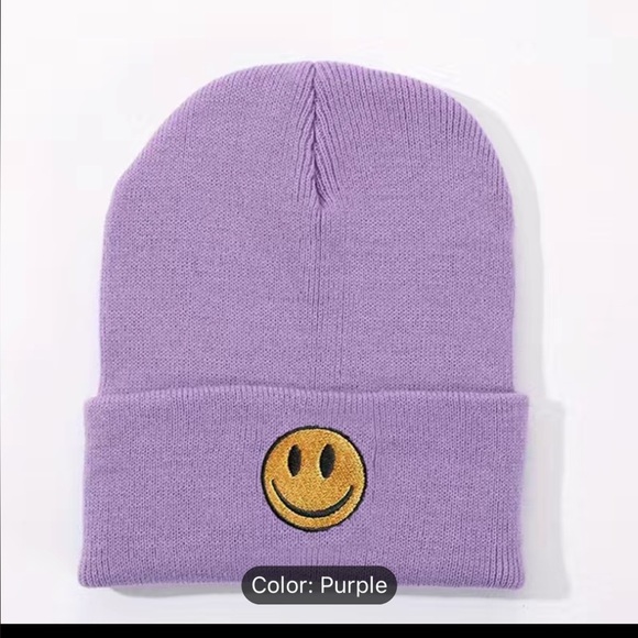 Amazon Accessories - NEW IN PACKAGE- purple smiley beanie